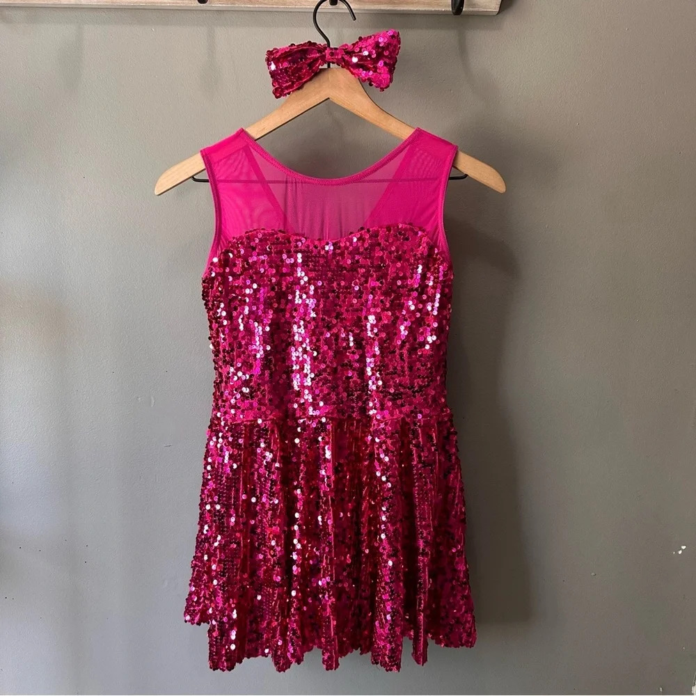 WEISSMAN Pink Sequin Jazz/Tap Dance Costume. EUC. XLC. Includes Bow! - Picture 1 of 9